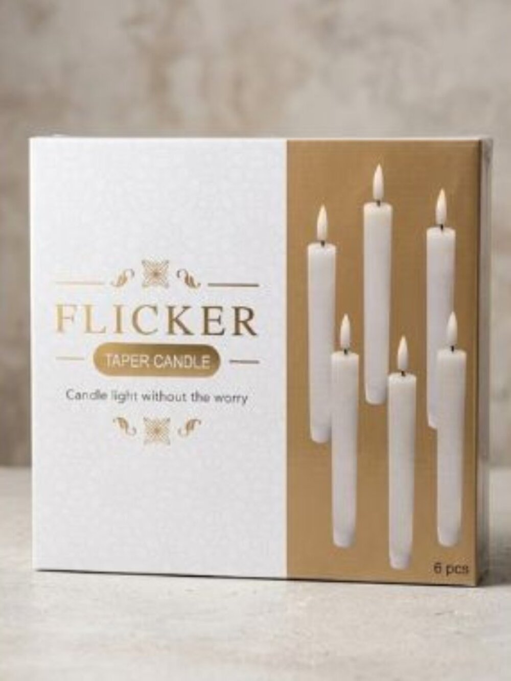 NIB FLICKER 6-PIECE WHITE WAX LED FLAMELESS BATTERY TAPER CANDLES 8" W/REMOTE